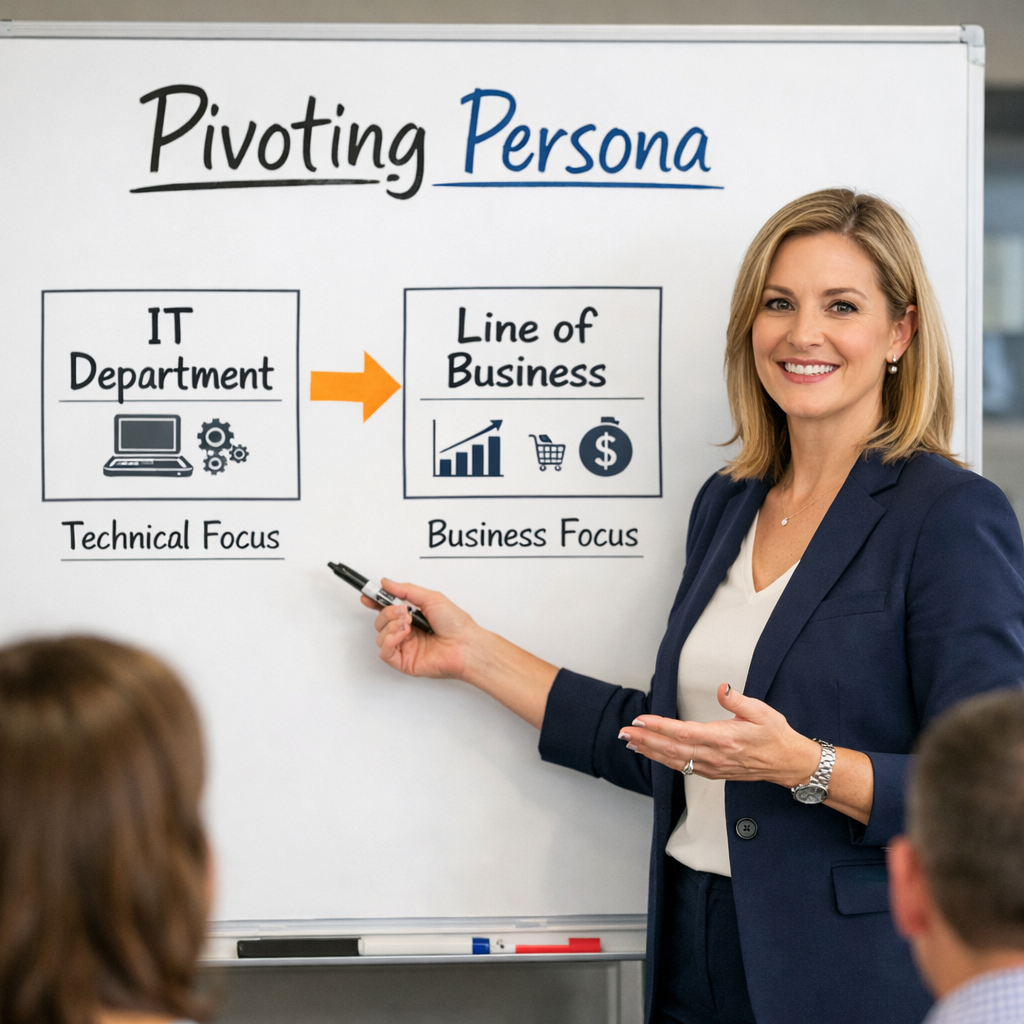 Female Marketing Director presenting at a whiteboard with the title of Pivoting Persona with the boxes below showing the move from IT to-1