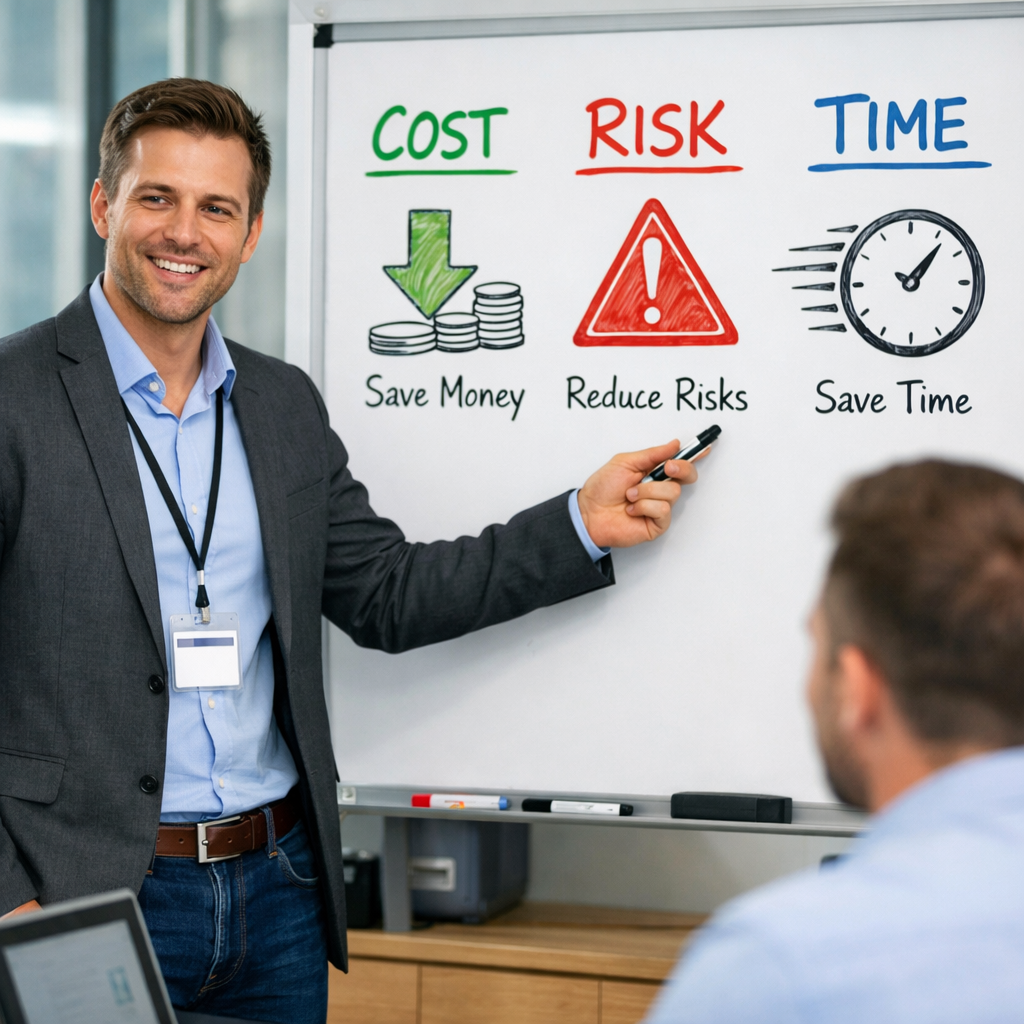 IT Seller selling Cost Risk and Time Benefits in an office at a whiteboard-1